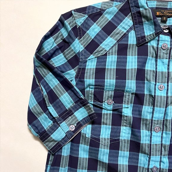 Ben Sherman Blue Square Print Short Sleeve Button Down Shirt (S) - Picture 3 of 9